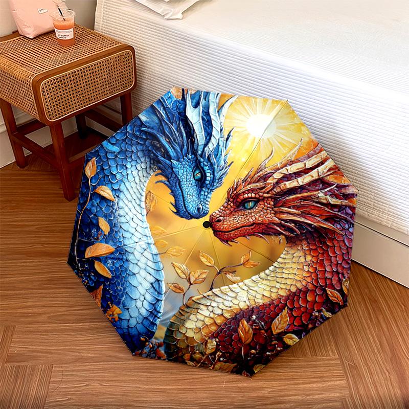 

1 PC Automatic Folding Umbrella - Dragon Artwork Pattern, Portable & Foldable Design with 8 Ribs, Christmas Birthday Gifts