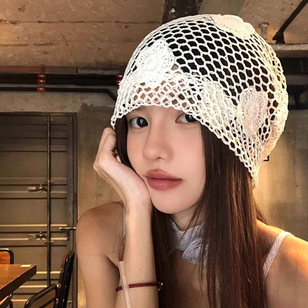 Cute Crochet Flower Hat Hollow Out Weave Cap Retro Flower Knitted Hat  Apparel Accessories