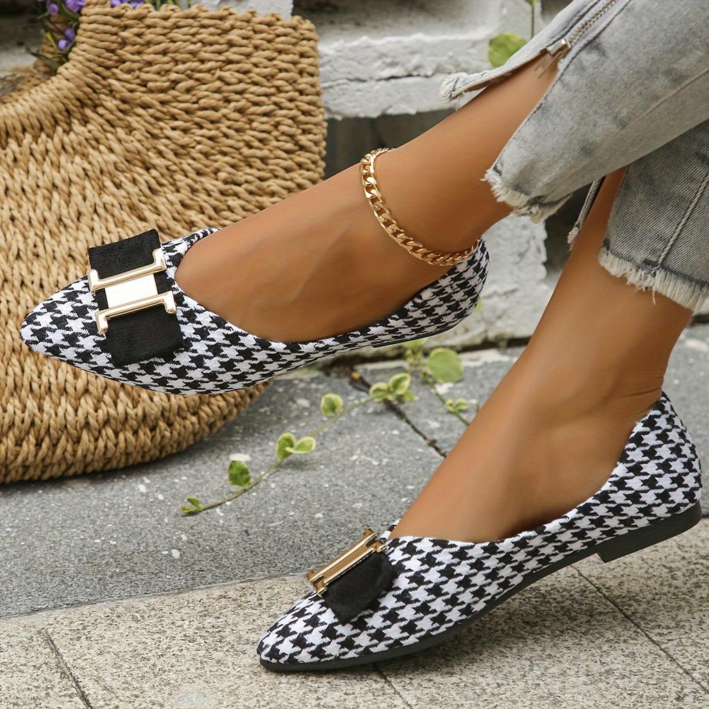 Women's Houndstooth Pattern Comfy Flats, Buckle Decor Shallow Mouth Soft Sole Shoes, Lightweight Point Toe Shoes