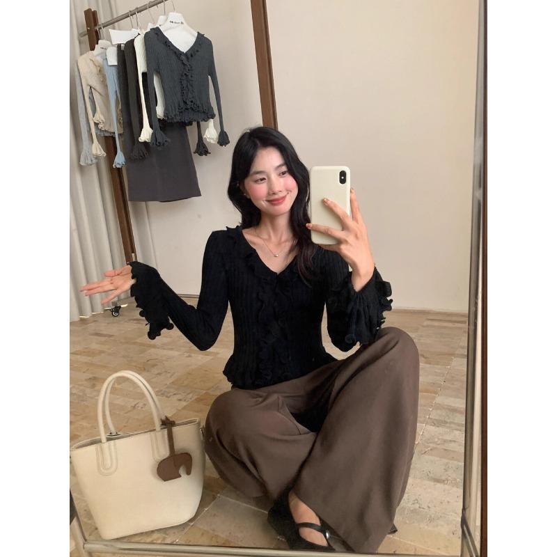 Pulover tricotat subțire cu dantelă ciupercă la modă, toamnă 2025 nou pulover de damă cu talie și decolteu în V 11950