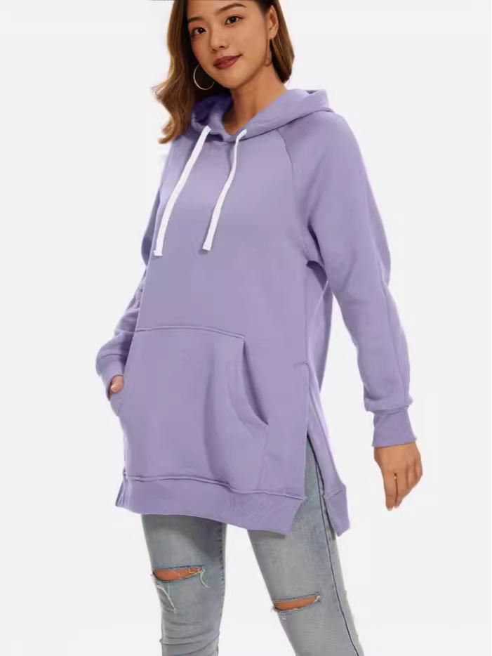 2024 Women's Solid Color Hooded Split Shoulder Sleeve Fleece Sweatshirt for Autumn and Winter