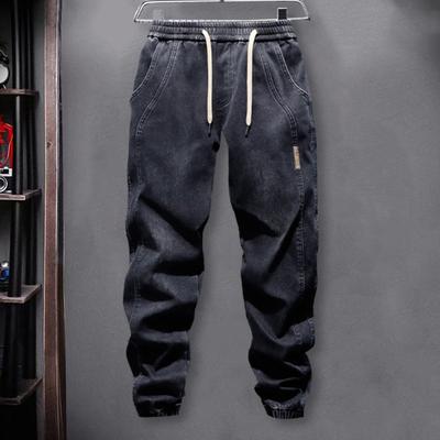 Harem Jeans with Leg Bindings Pockets Elastic Waist Adjustable Drawstrings Men Jeans Solid Color Street Style Jogger Pants