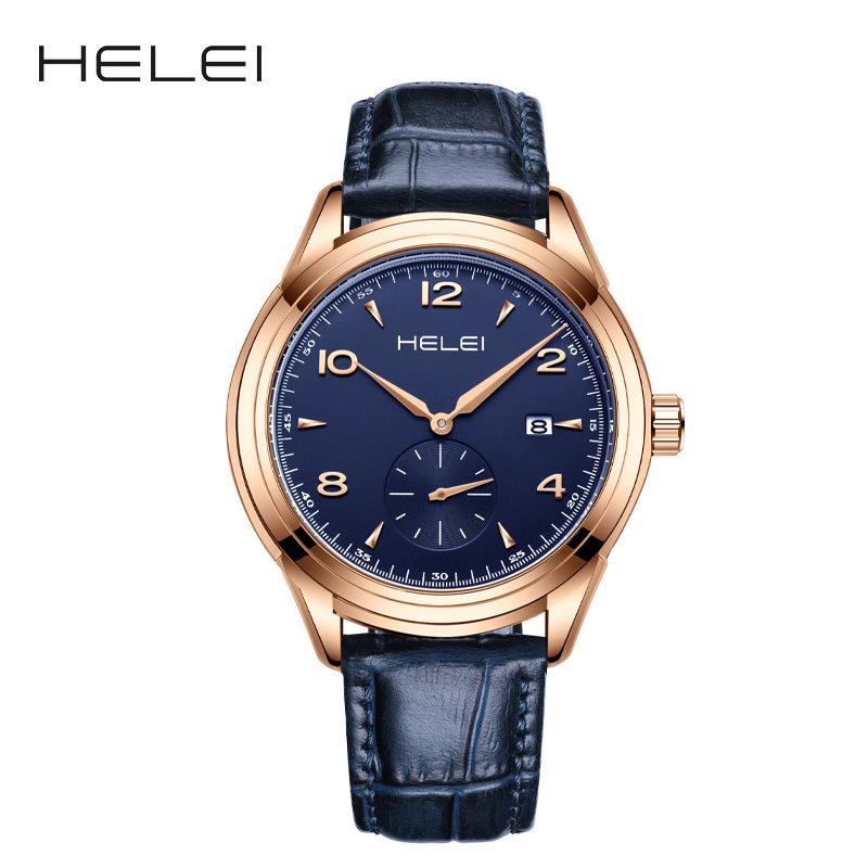 HELEI Men's Quartz Leather Watch - Waterproof, Three-Hand, Single Calendar