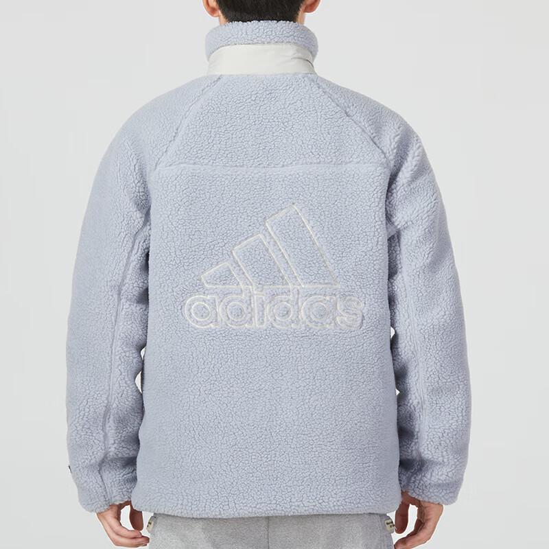 Adidas FW22 Logo Print Sherpa Reversible Warm Stand Collar Long Sleeve Cotton Jacket Men Tops Blue HN2078