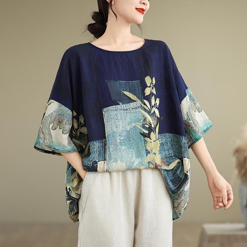 Letnia bawełniana lniana bluzka w stylu etnicznym z luźnym dużym rozmiarem, z okrągłym dekoltem, damska koszulka z krótkim rękawem