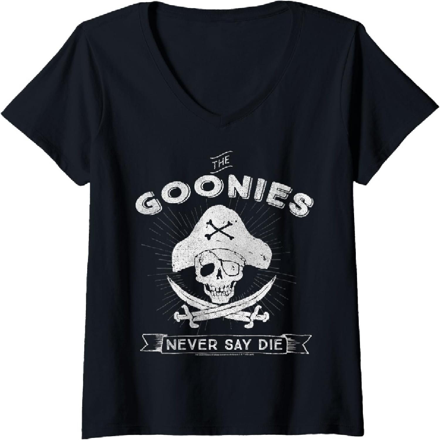 Womens The Goonies Never Say Die Pirate Captain Logo V-Neck T-Shirt S