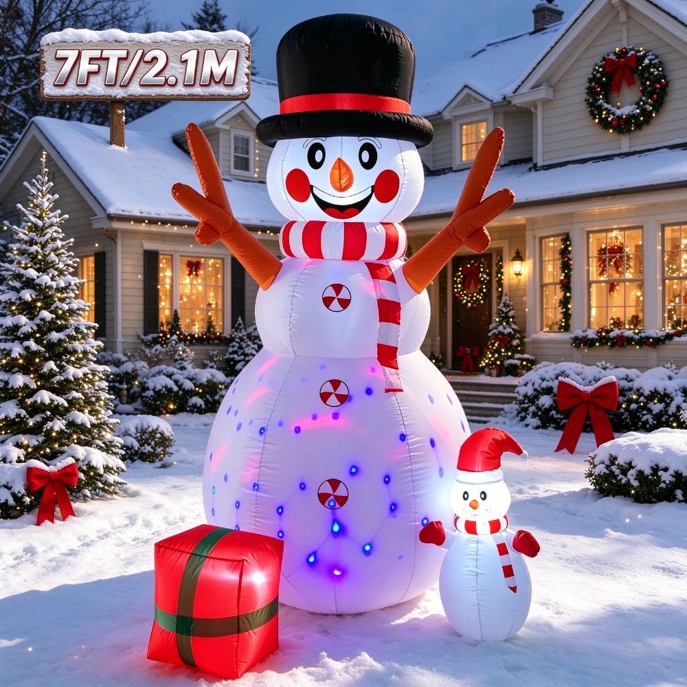 7FT/2.1M Inflatable Snowman Set with Lights and Red Gift Box, Christmas Outdoor Yard Decoration