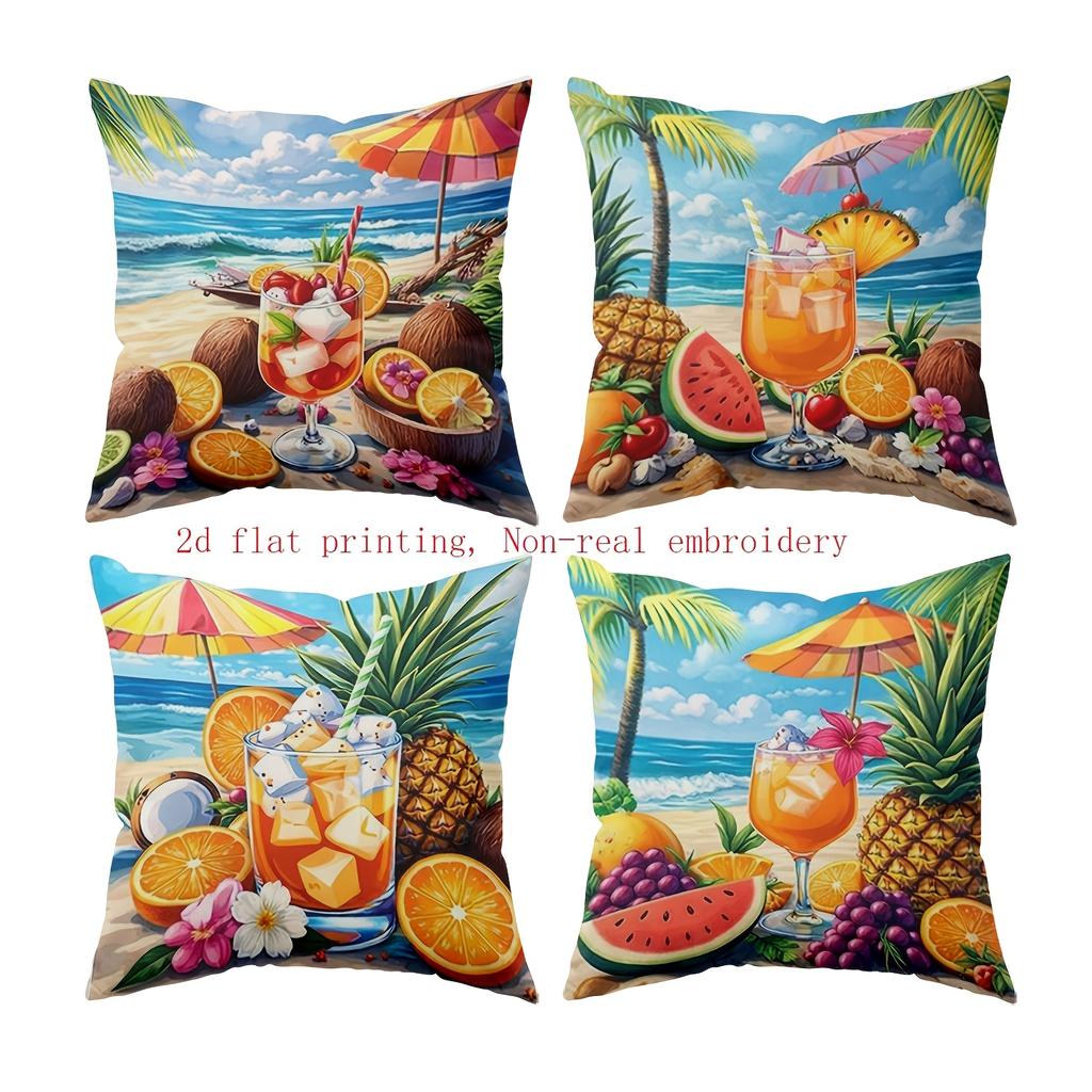 4pcs Set of Holiday Pillow Covers, Featuring 2D Double-Sided Printing, Perfect for Summer And Ocean-Themed Decor with Tropical Fruits, Beach Umbrellas
