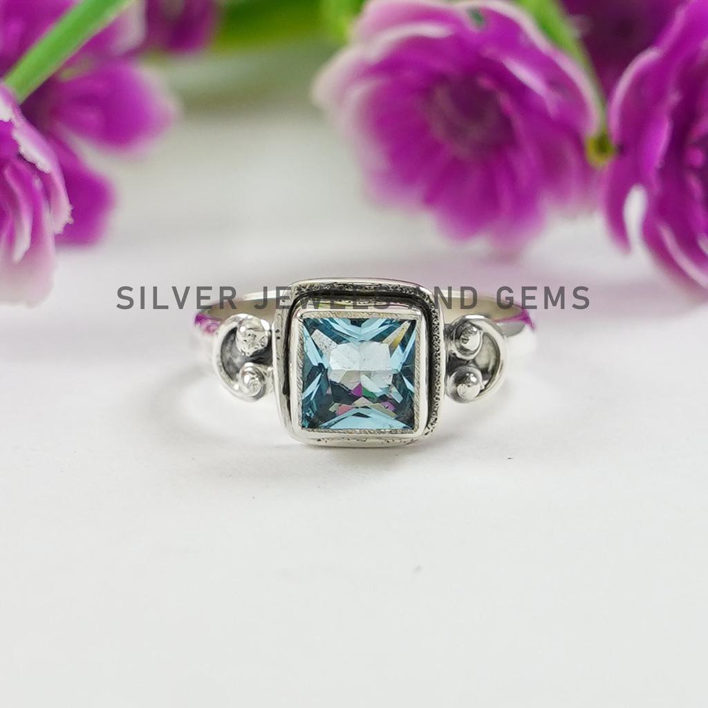Blue Topaz Ring, Natural Gemstone Ring, Square Ring, 925 Sterling Silver Birthday Ring, December Birthstone, Gift for Mother