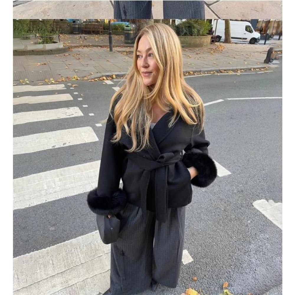 Fashion Lapel V-neck Woolen Coat Women Chic Lace Up Single Breasted Pocket Loose Jacket Lady Daily High Street Outwears