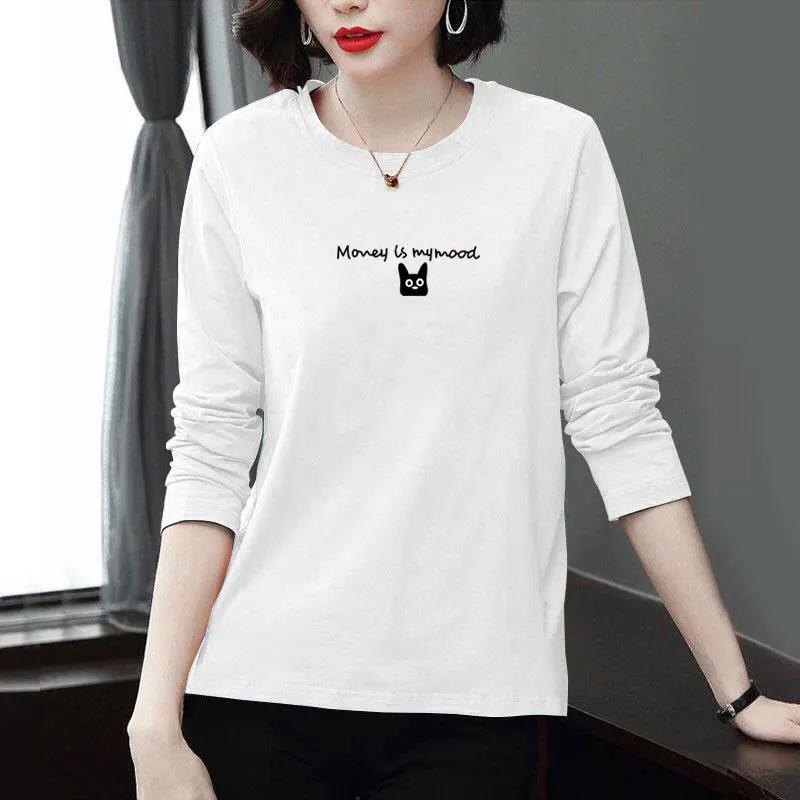 Jarní dámský pulovr s potiskem kočky, tričko s dlouhým rukávem, ležérní volné tričko, butikové spodní tričko