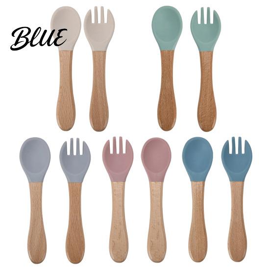 Kids Independent Eating Set Baby Led Weaning Spoon And Fork Set Soft Silicone Utensils Beech Wood Handle with Wooden Handles Toddler Self-Feeding