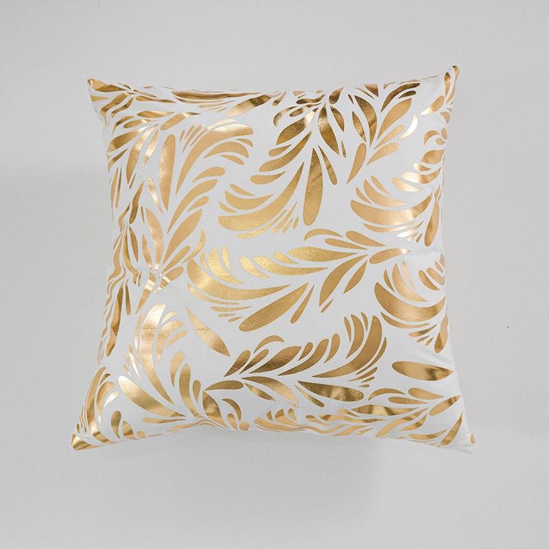 Short Plush Golden Leaf Sofa Cushion Cover, Retro Light Luxury Living Room Bedside Pillow Cover, Hot Stamping Pillow Cover