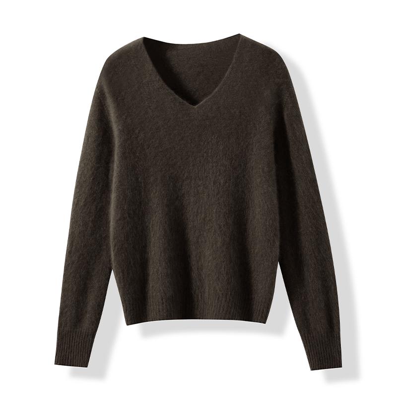 Seamless Wool-Cashmere Brushed V-Neck/Round Neck Pink Knit Base Layer Sweater