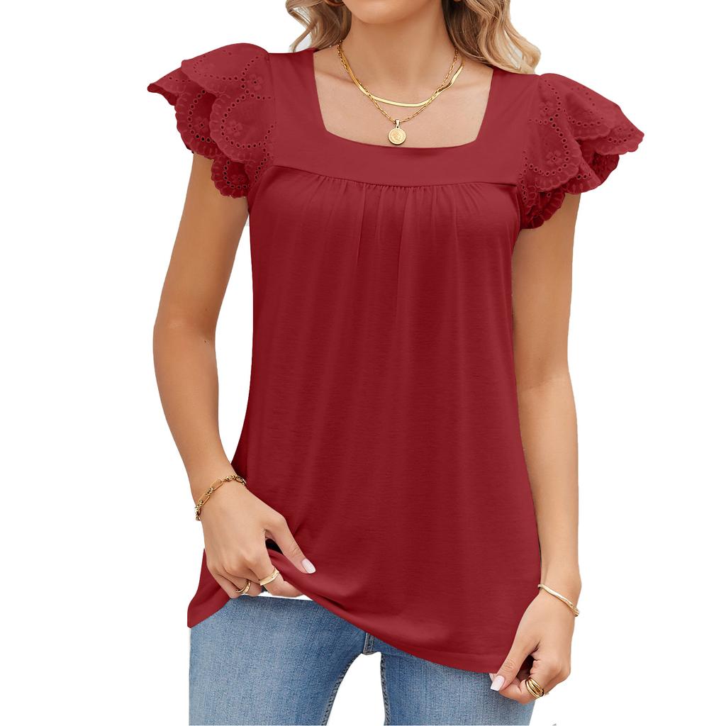 Summer Solid Color Top for Women Lace Patchwork Square Neck Petal Short Sleeve Blouse