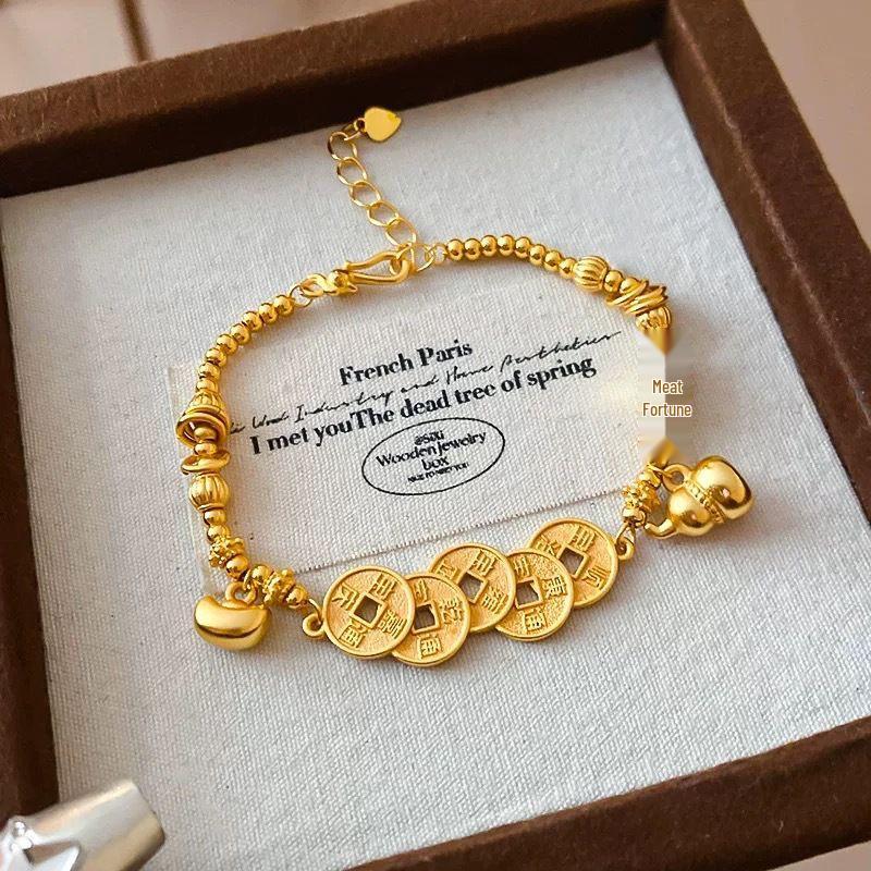 

Gold-Plated Five Emperor Coins & Gourd Bracelet: Brings Wealth & Good Fortune