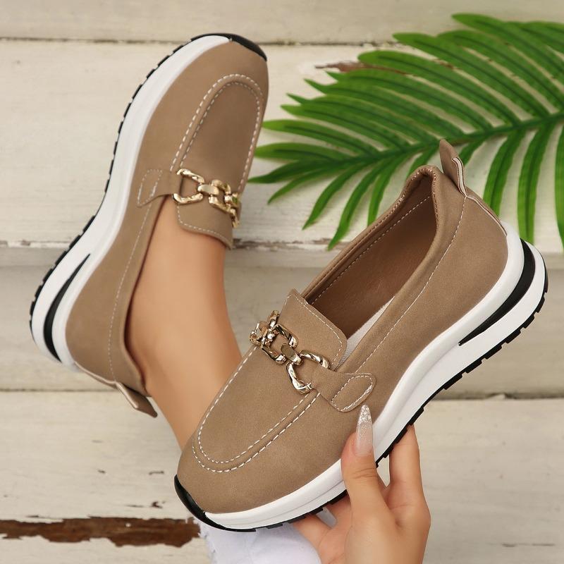 Fashion Plus Size Single Shoes Women's Autumn New Round Toe Deep Mouth Metal Chain Flat Platform Casual Non-slip Loafers
