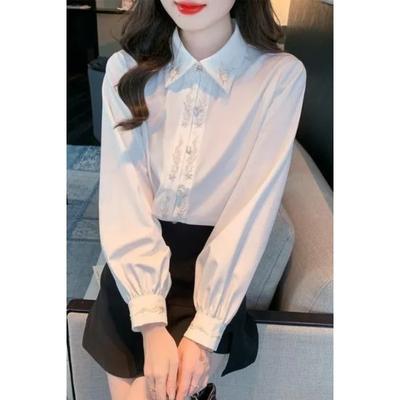 Women's Vintage White Embroidered Collar Long Sleeve Blouse