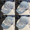 Waterwashed Cotton Denim Baseball Cap With Floral Embroidery For Summer Sun Protection