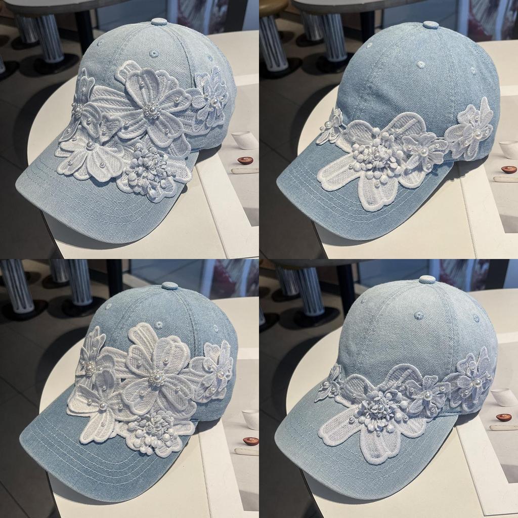 Waterwashed Cotton Denim Baseball Cap With Floral Embroidery For Summer Sun Protection