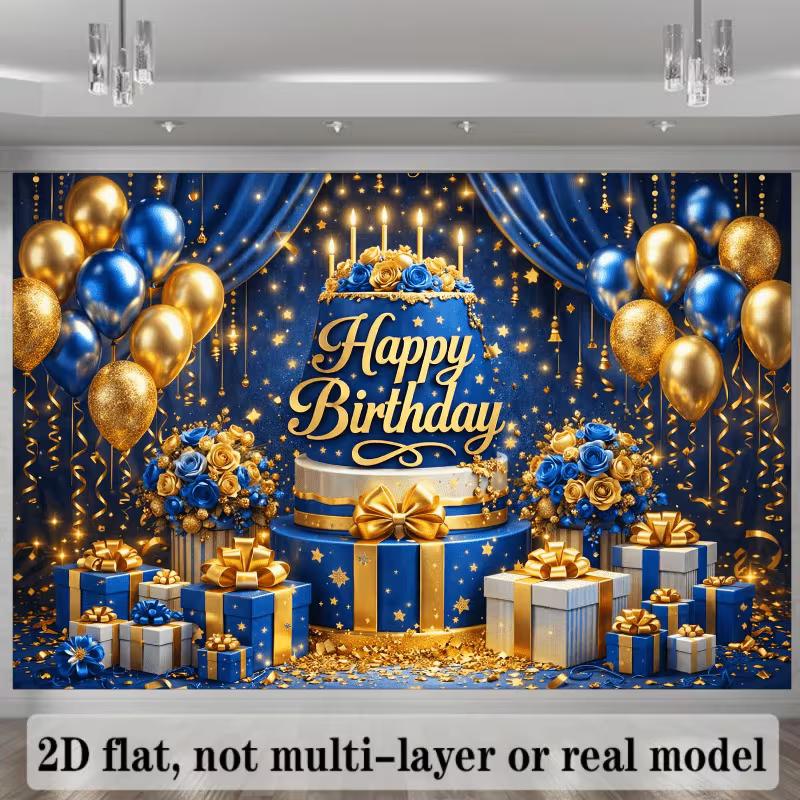 

2D Blue Gold Luxury Birthday Backdrop Banner Men Boys Happy Birthday Party Decor Background 47.2x31.5inch/120*80cm