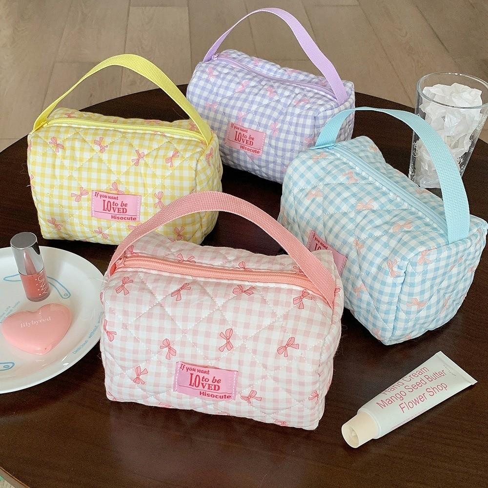 Quilted Pen Pouch Grid Pattern Handheld Makeup Bag Multi-functional Bowknot Pen Bag Travel
