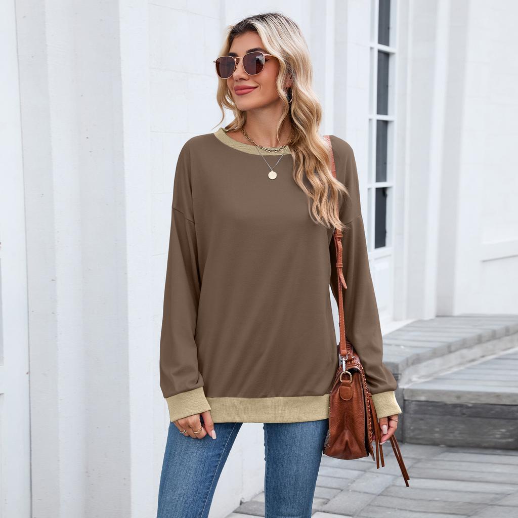 Women's Round Neck Loose Top Long Sleeved Color Blocked Ribbed Sweatshirt