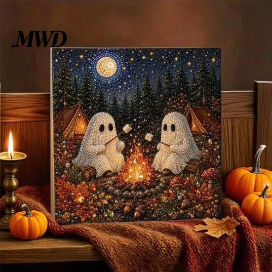 Pre Stretched Canvas Art Halloween Faux Pearl DIY Kit, Spooky Cute 3D Beads Painting Crafts Stress Relief Project for Adults Beginners, Seasonal Wall
