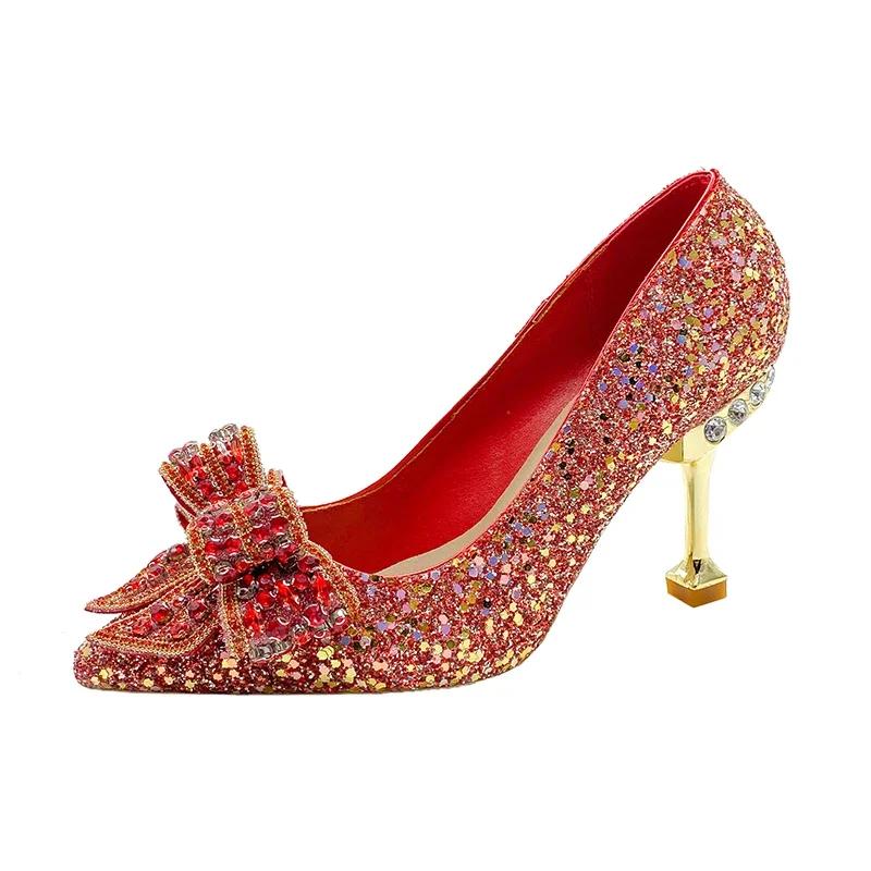 Fashion Women's Rhinestone Wedding Shoes New Year Shoes Luxury Buckle Decorative Banquet Women's Shoes High Heels Gold Silver Red
