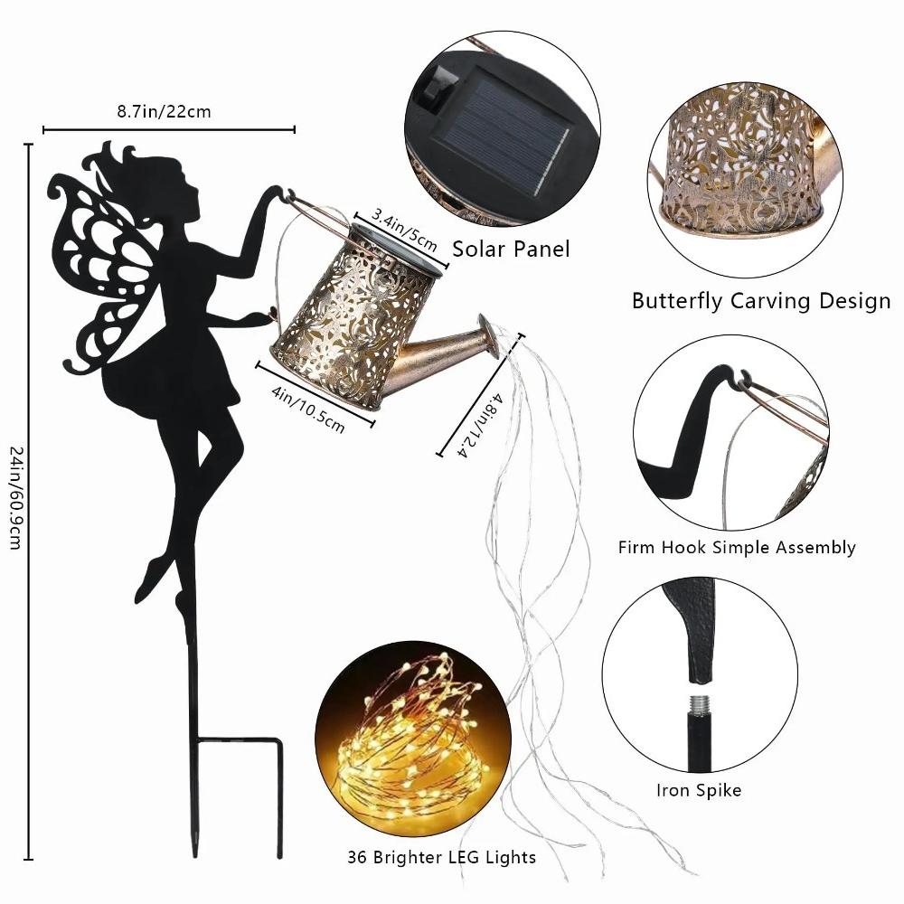 Solar-Powered Iron Art Flower Fairy Lawn Lamp Outdoor Waterproof Garden Kettle Hollow Rojection Light for Decorative Outdoor Use