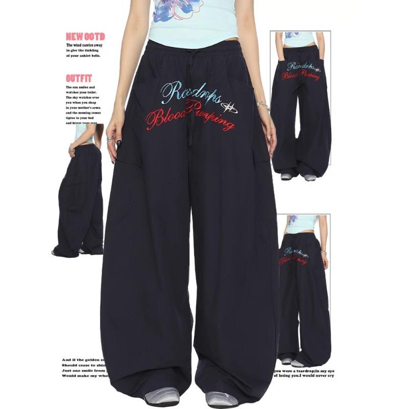 

Retro thin quick-drying tooling paratrooper pants women s summer new loose and thin wide-leg casual pants 2XL тёмно-синий