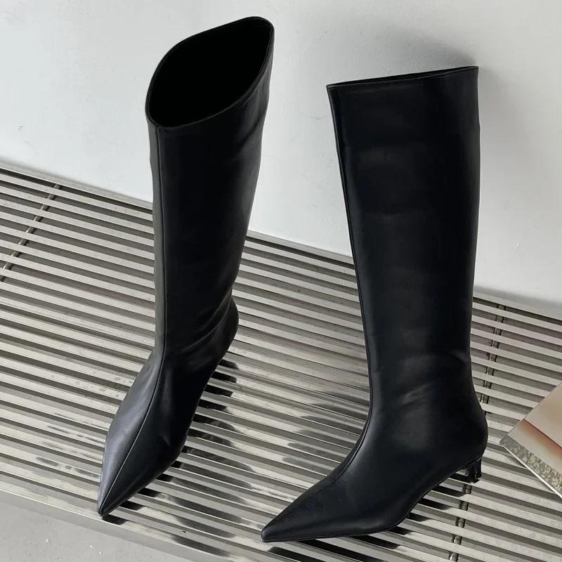 2025 Fashion Sexy Pointed  Low Heels Knee Long Boots Women's Spring/Autumn PU Sewing Party Ball Western Boots 35-40