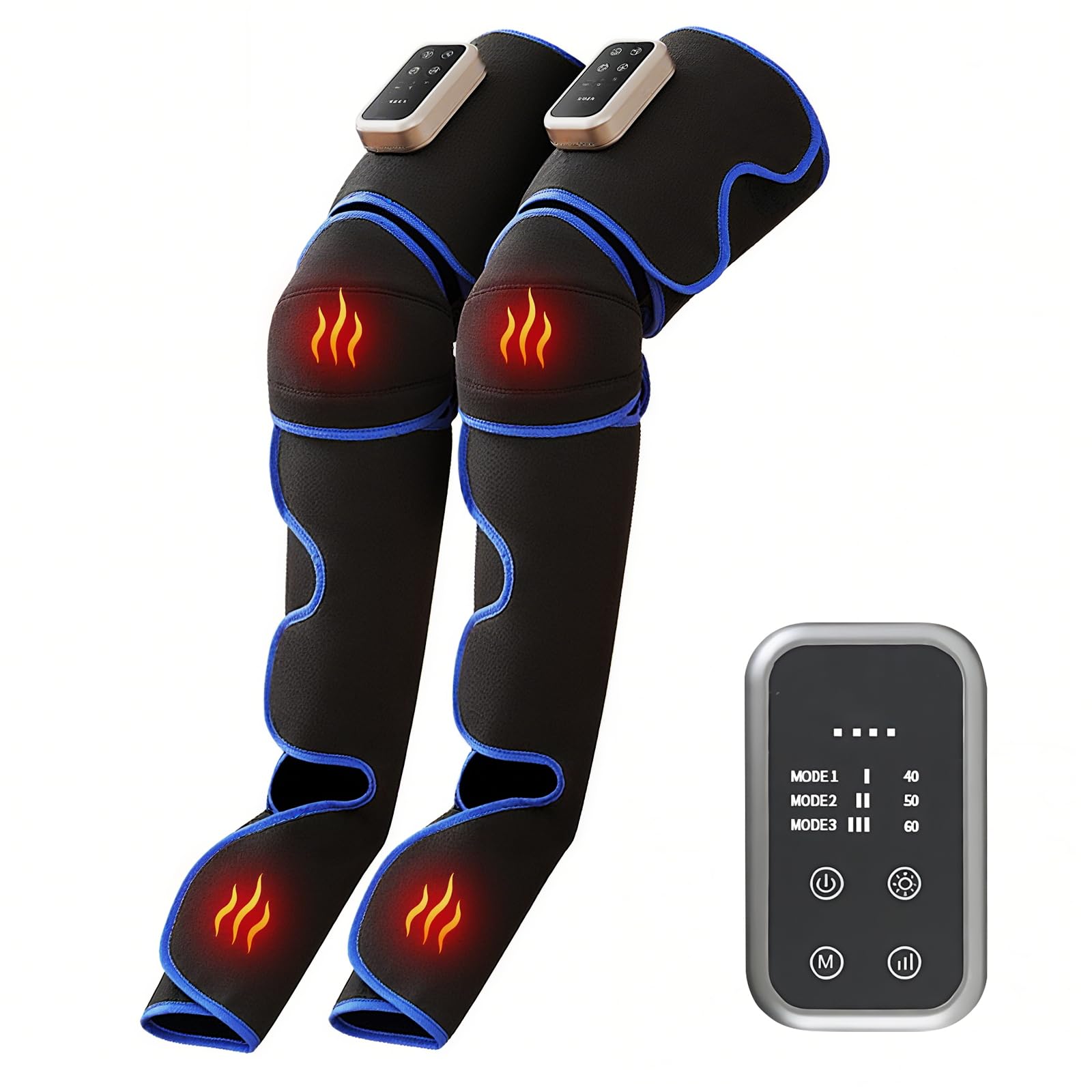 Calf Relaxer: Envelops the entire calf from toe to thigh. Features 3 air pressure modes, 3 intensity levels, and 3 levels of foot/knee warming. Cordle