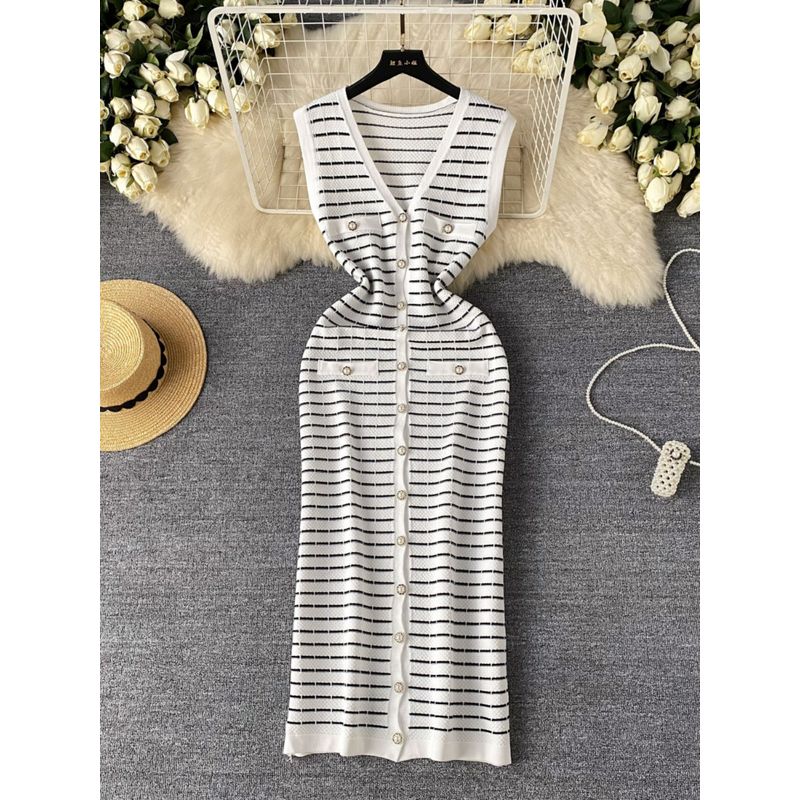 Ladies Elegant Classic Style Stripes Dress Women's Summer Fancy Fashion Casual Long Knitting Vest Dress