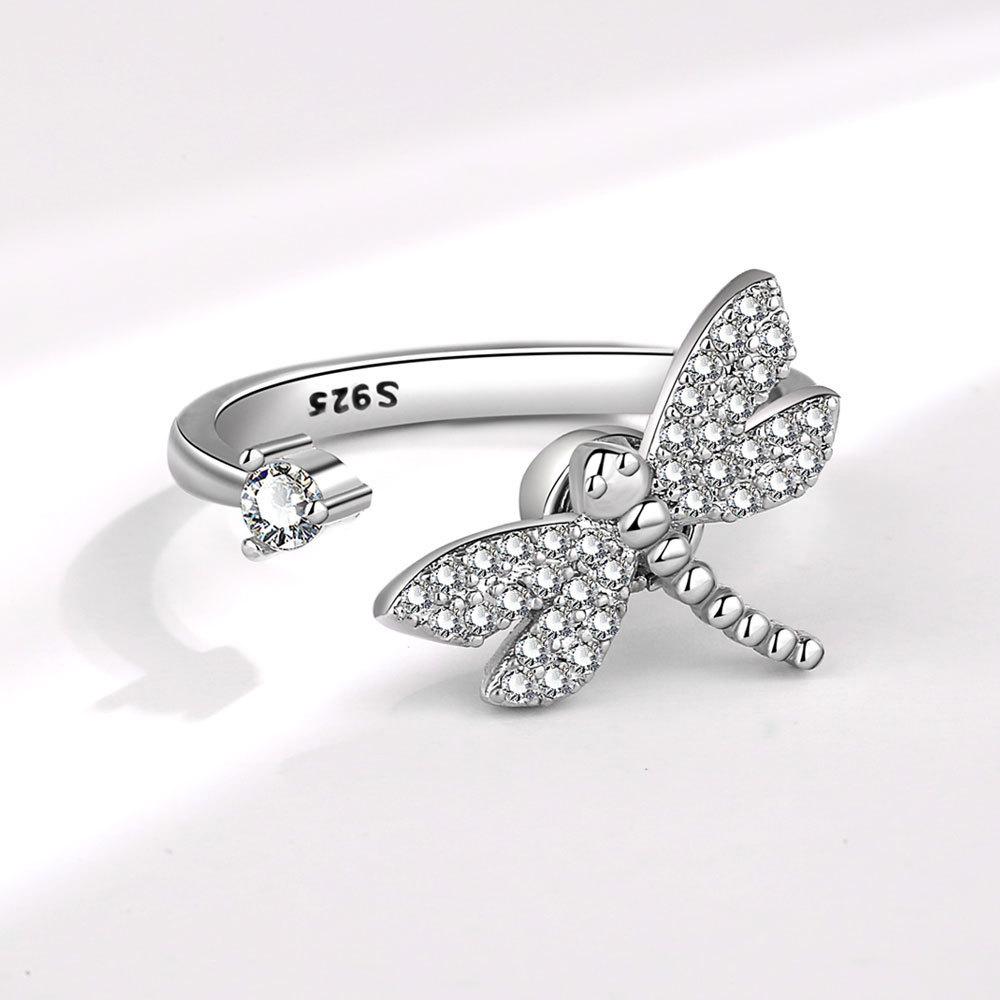 Adjustable Copper Zirconia Ring With Dragonfly Motif For Female Fashion Accessories