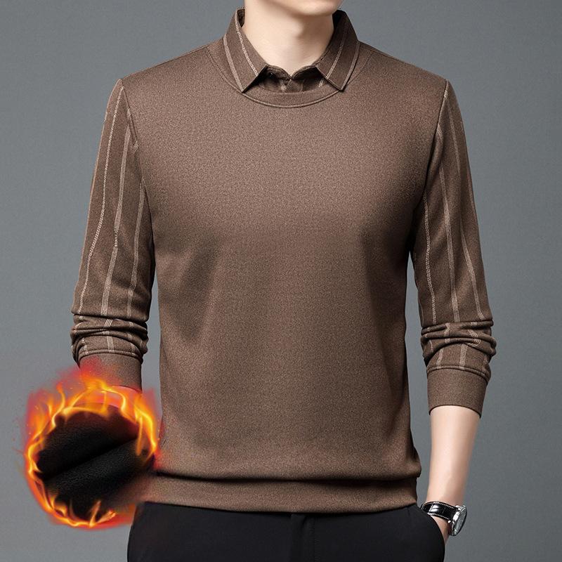 

Мужской флисовый свитер-двойка с длинным рукавом, осенне-зимняя повседневная рубашка с воротником-поло, полосатый, утолщенный низ 4XL темно-коричневого