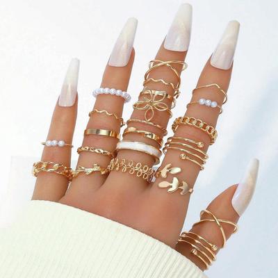 Juego de 22 piezas: Anillo Europeo y Americano de Mariposa con Pedrería y Perla, Anillos de Nudillo de Cadena Geométrica de Hoja para Mujer