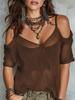 Women S Solid Mesh Cold Shoulder Knit Top Short Sleeve Summer