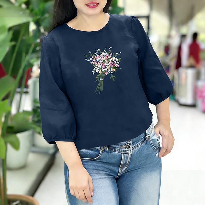 

ZANZEA Women Casual Round Neck 3/4 Sleeve Floral Embroider Blouse M синий