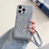 For iPhone 14 Pro Max Case Card Slots Mirror Design Jeans Cloth Texture PU Leather Back Cover with Strap