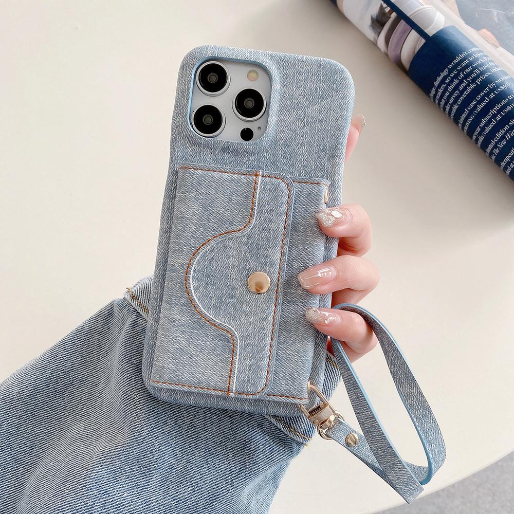 For iPhone 14 Pro Max Case Card Slots Mirror Design Jeans Cloth Texture PU Leather Back Cover with Strap