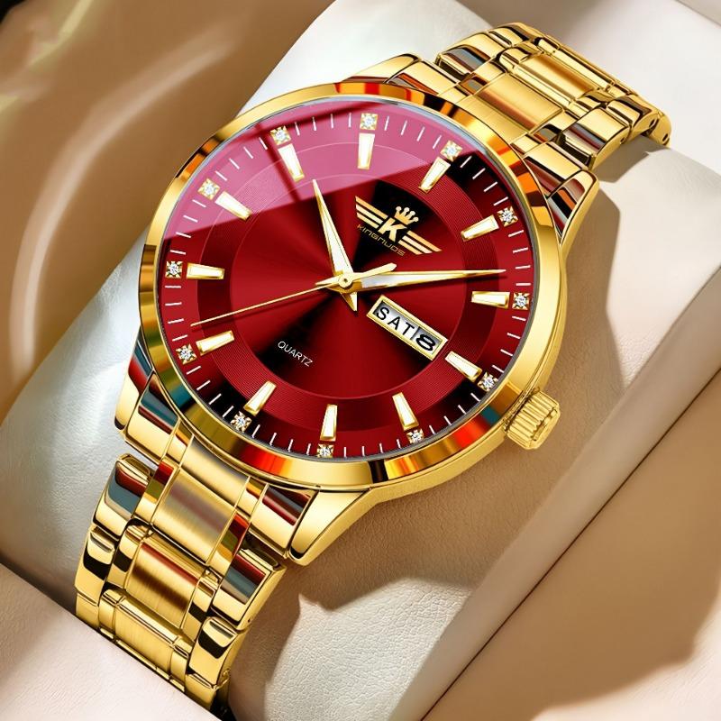 Top Brand New Men's Steel Band Waterproof Quartz Double Calendar Watch Luminous Scale Cross-Business Wristwatch