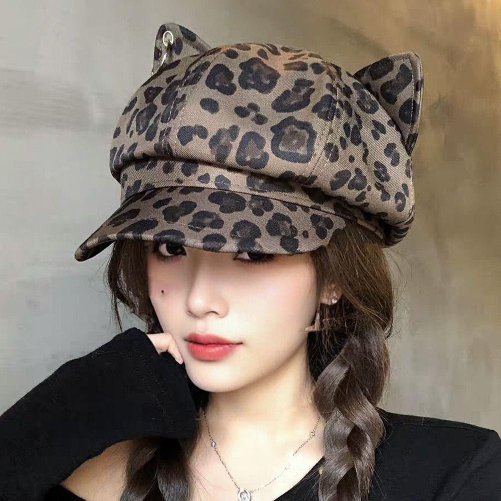 Gorra Estilo Retro con Orejas de Gato Estampado de Leopardo Gorras Octagonales de Repartidor Boinas Estampadas de Leopardo Ropa para Exteriores