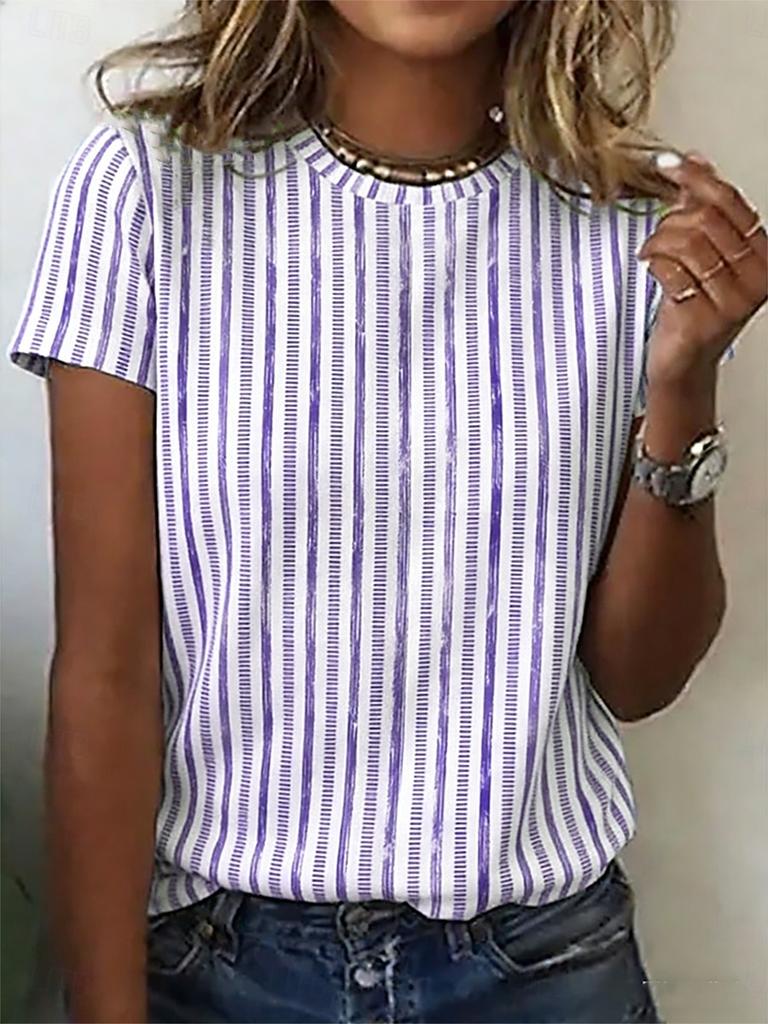 Vertical Stripe Print Casual T Shirt Crew Neck Short Sleeve Tee For Women Summer Holiday Travel And Daily Outfits