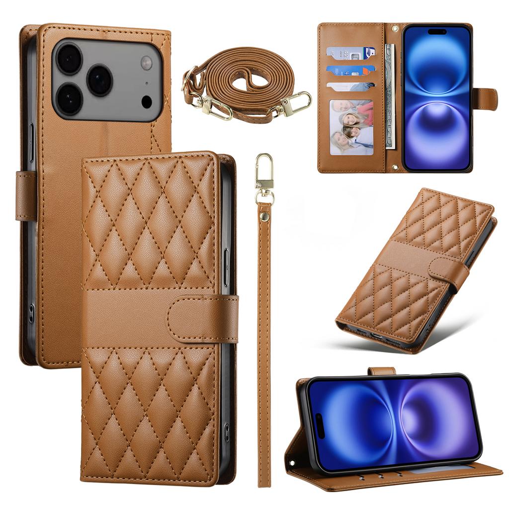 For iPhone 17 Pro Max Case Rhombus Stitching Wallet Stand Leather Phone Cover with Long/Short Strap