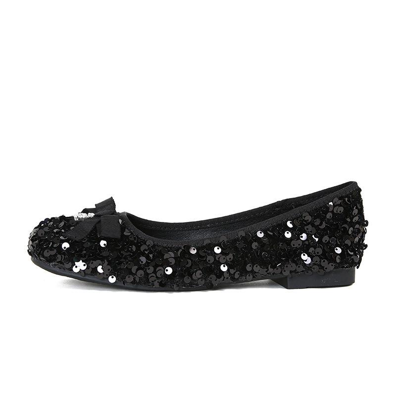 Shallow mouth sparkling beads bow temperament small thick sole one pedal single shoes female winter