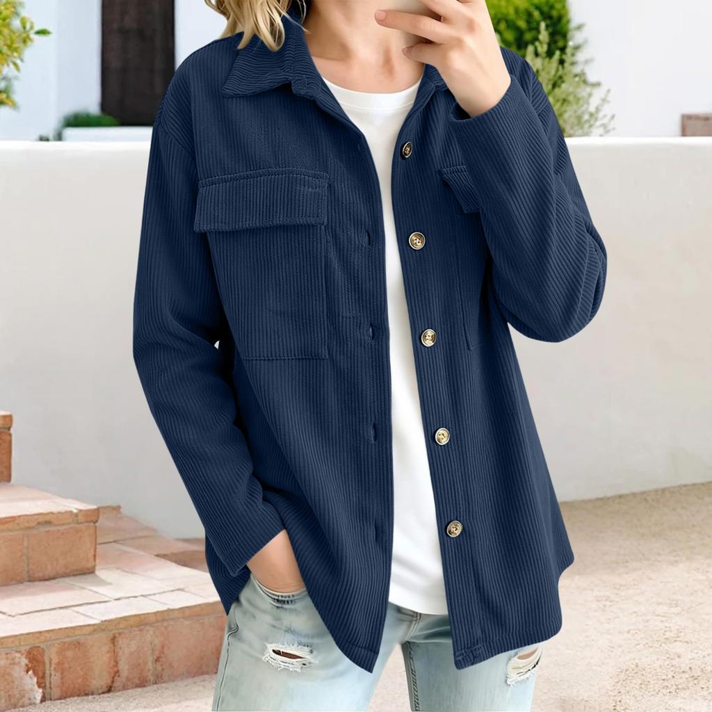 Women's loose corduroy button-down long-sleeved blouse with double pockets