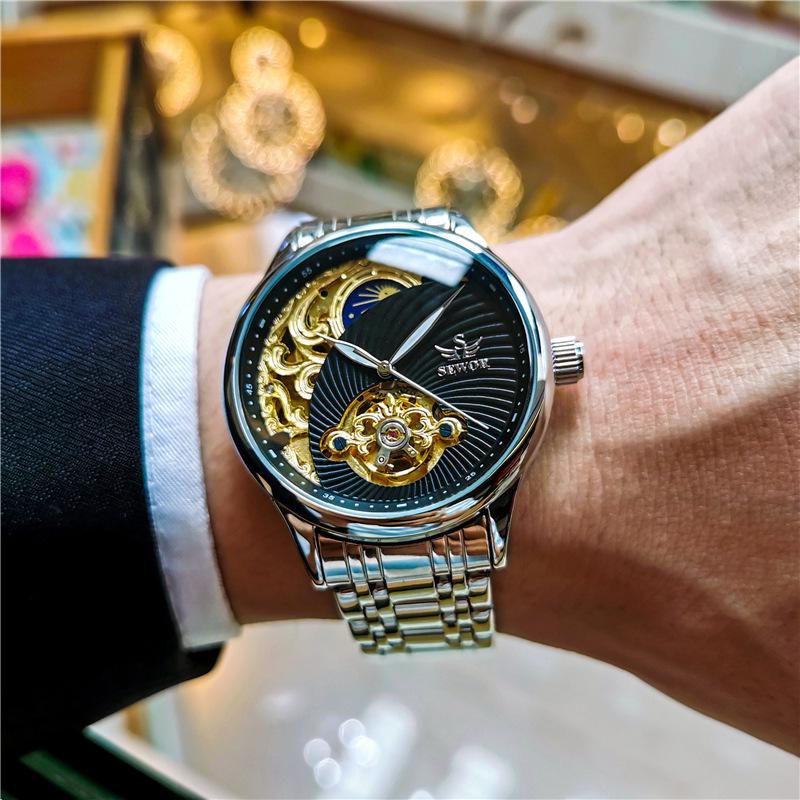SEWOR Men's Semi-Automatic Skeleton Tourbillon Luminous Waterproof Retro Business Watch