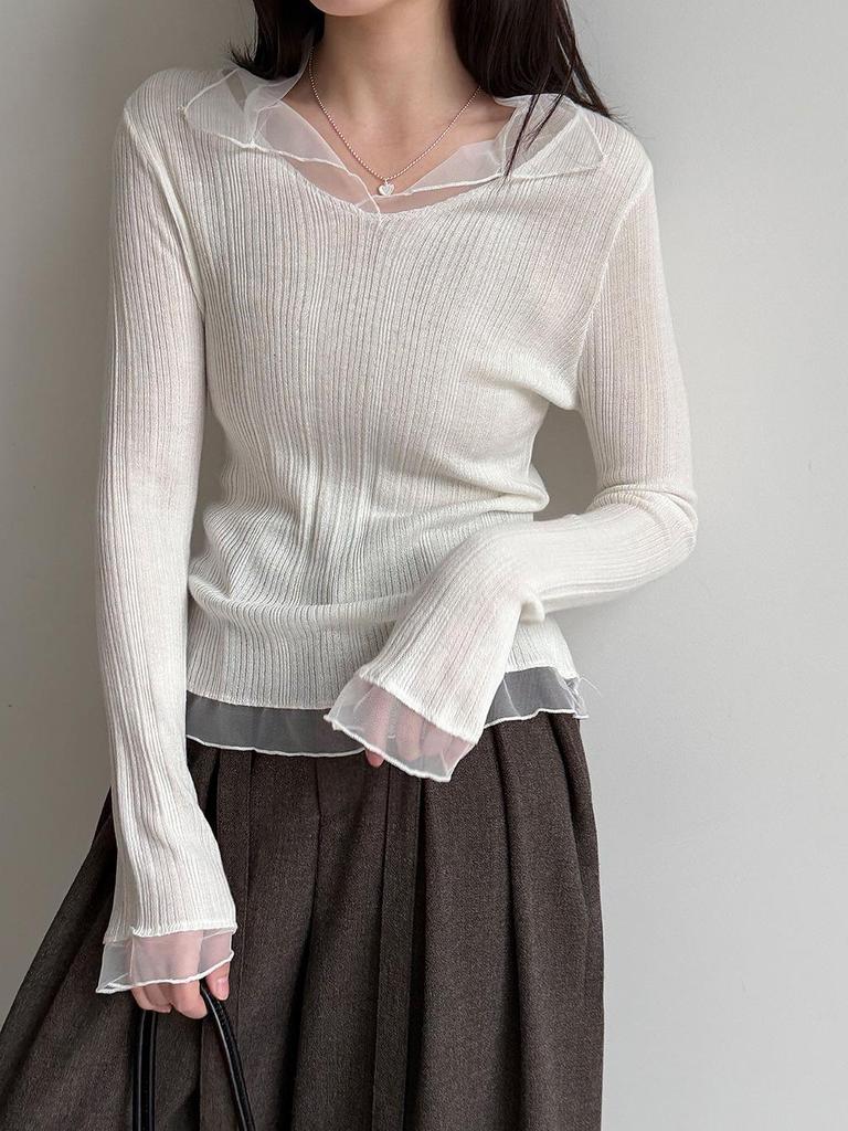 Lu Xi Women's V-neck Korean Style Mesh Patchwork Knit Top, Early Spring 2026 Collection