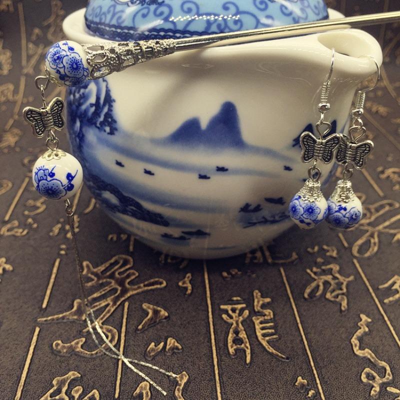 Blue and White Ceramic Fringed Hairpin Niche Design Step Hairpin Hairpin Women's Literary and Antique Earrings